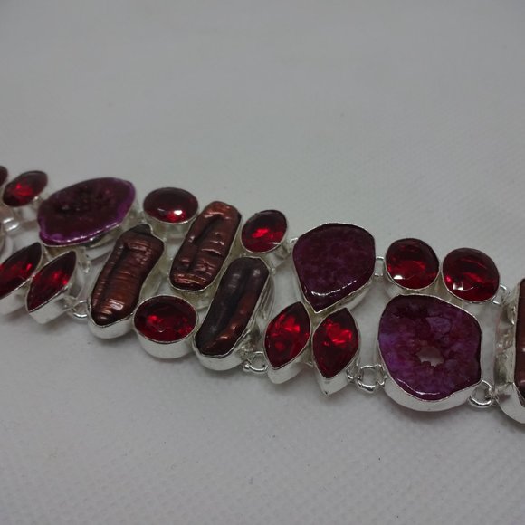 Gorgeous "PURPLE GEODE DRUZY, BIWA PEARL & RUBY" Handmade Sterling Bracelet 929 - Picture 3 of 3